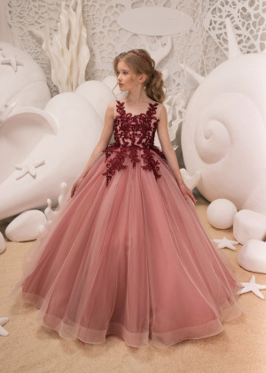 Blush Pink And Maroon Lace Tulle Corset V Back Flower Girl Dress